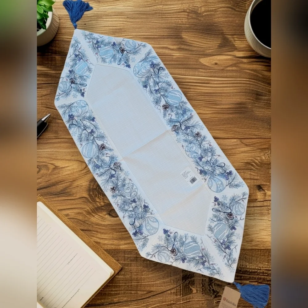 NWT Edelvika beautiful embroidery tassle table runner (small)‎ blue, pinecone